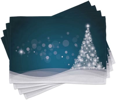 ABAKUHAUS kerstplacemats, Fantasy kerstboom, wasbare en kleurbestendige stof voor eetkamer en keuken, leisteenblauw wit