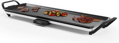 Swiss Haus® TP70 Bakplaat L – 1800W Elektrische Grillplaat – Gourmet - PFAS Vrij – 70x23 cm – Afneembare Thermostaat & Handgrepen – Vetopvangbak – Teppanyaki - Tafelgrill voor 6-8 Personen – Zwart