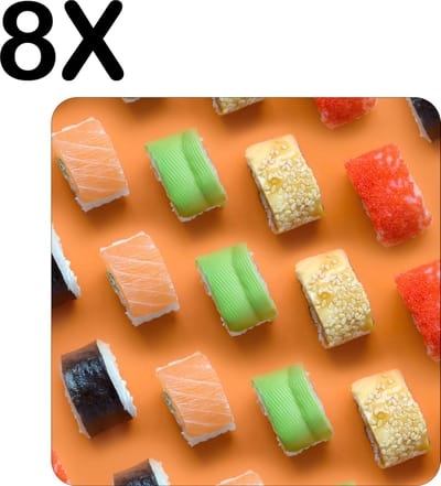 Luxe Placemat - Verschillende Soorten Sushi op een Oranje Achtergrond - Set van 8 Placemats - 50x50 cm - 2 mm dik Vinyl - Anti Slip - Afneembaar