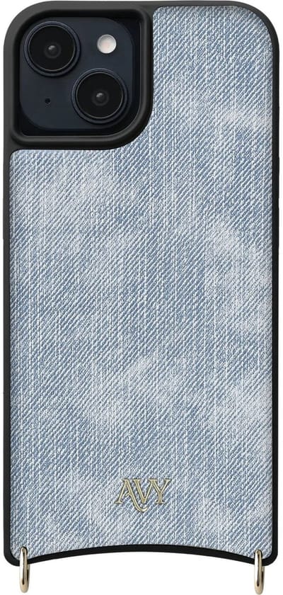 AVY Leren Hoesje geschikt voor Apple iPhone 14 / 13 | Compatibel met MagSafe | Kunstleren Case | Back Cover | Haakjes voor koord | Denim