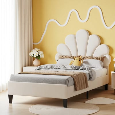 Gestoffeerd kinderbed met bloemenhoofdbord, 90x200 cm, lattenbodem. Prinsessenbed, fluwelen stof, beige, zonder matras