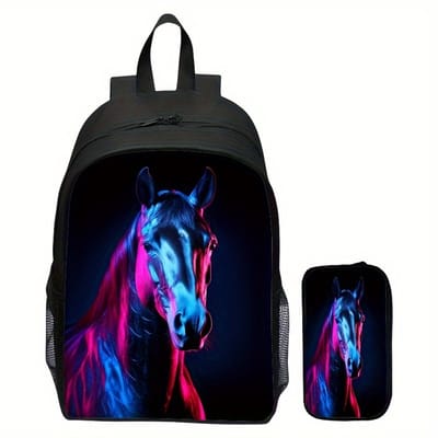 Rugzak dames | Kleurrijke Paarden Rugzak | Paardenpatroon Rugtas | Rugzak meisje | Mooie Rugzakken met een Paard | Paarden Etui | Paarden Rugzak Pakket | 15 liter