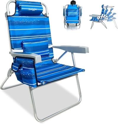 SnelShoppen - ARURU Backpack Strandstoel opvouwbaar, lichtgewicht aluminium frame, hoge zithoogte, met hoofdsteun, 5 platte standposities, isotherme z