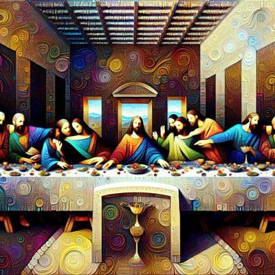 Abstract laatste avondmaal schilderij | Het kosmische banket: een surreële viering van abstractie en spiritualiteit | Kunst - 60x60 centimeter op Dibond | Foto op Dibond