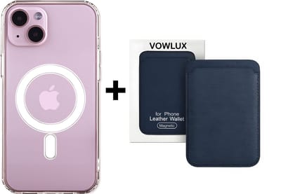VOWLUX Compatible MagSafe Hoesje voor iPhone 15 Transparant – Inclusief Blauwe Wallet Pasjeshouder – 24 Magneten – Kunstleer – 3 Kaarten – Shockproof Case