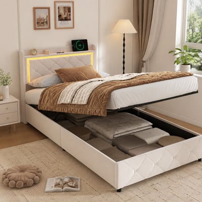 Opbergbed 90x200 cm, met ledverlichting en USB-poort, gestoffeerd frame, opbergruimte en hoofdbord, eenpersoonsbed, lattenbodem, kinderbed, Fluweel, Beige