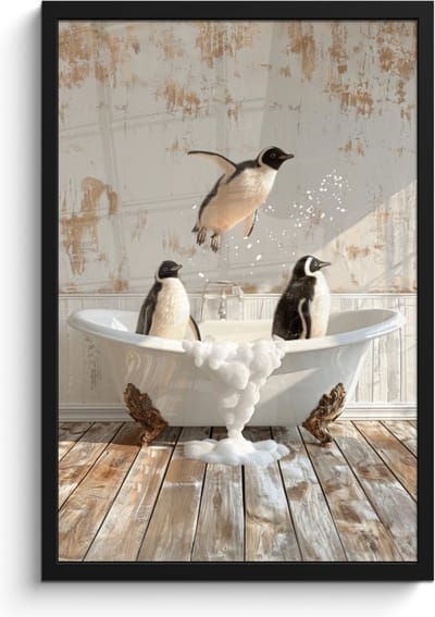 Poster in lijst - Fotolijst 40x60 cm - Posters - Vintage - Pinguïn - Badkuip - Schuim - Posterlijst zwart - Wanddecoratie badkamer - Muurdecoratie WC - Decoratieve accessoires - Toilet muur decoratie