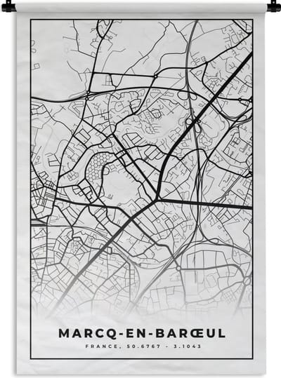 Wandkleed - Wanddoek - Kaart – Stadskaart – Marcq-en-Barœul - Frankrijk – Plattegrond - Zwart wit - 120x180 cm - Wandtapijt