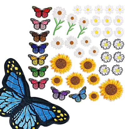 Somstyle 42-Delige Strijk Embleem Set - Patches voor Kleding - Vlinders, Zonnebloemen & Madeliefjes - Stof & Strijk Applicatie - Multicolor