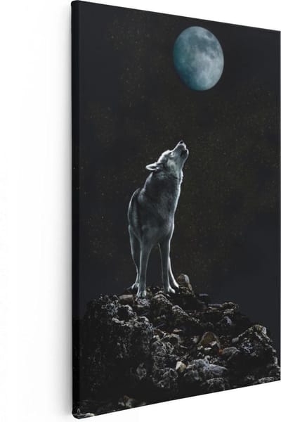 Artaza Canvas Schilderij Huilende Wolf - 20x30 cm - Klein - Wanddecoratie Nacht - Muurdecoratie Dierenkop - Kamer Accessoires