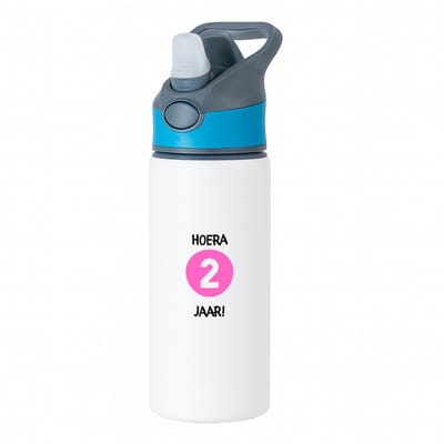 Hacebo® - Hoera 2 jaar waterfles met rietje blauw - Verjaardag - Jarigen - Verjaardagscadeau - peuter - Happy birthday - water fles - 650ML