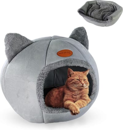 Mobiclinic HelloCatty - Kattenmand - Kattenhuis en mand - Huisdierbed - Kattenbed - Zachte stof - Antislip - Kattenhuis & Hondenmand - Voor Katten & Kleine Honden - 40 x 40 x 43 cm - Grijs