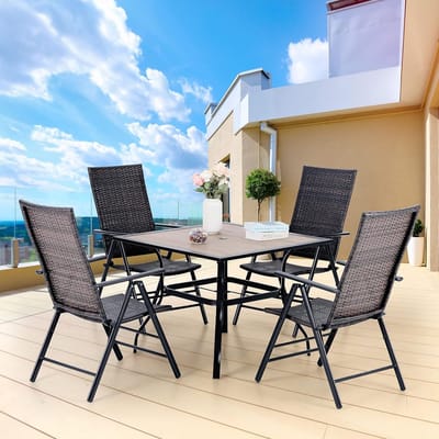 Tuinset 94x94x75 cm – Vierkante Polyrotan Tafel met 4 Klapstoelen & Parasolgat 4 cm – Weerbestendige Balkon & Terrasset grijis– Bella