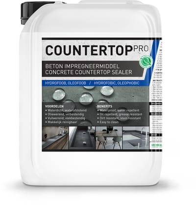 Gevlinderd beton impregneren - Betonnen werkbladen impregneren - Maakt waterdicht, waterafstotend, oliebestendig en vuilwerend. Impregneermiddel Nano coating - Woonbeton - Gepolierd beton - Countertop Pro 5L (30m2)