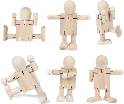 Houten Knutselset met 6 Figuren, Onbehandeld Hout voor Trouwen, Draaiende Hoofden en Ledematen, Creatief Speelgoed