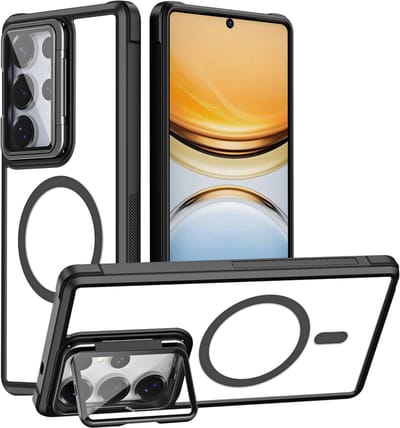 Casemania Hoesje Geschikt voor Samsung Galaxy S26 Ultra - Magnetische Transparante Backcover met Zwarte Bumper - Camera Shield Kickstand met Volledige Camera Bescherming - Geschikt voor MagSafe