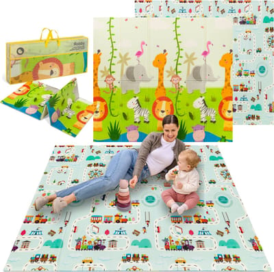 Lionelo Robby - Babygym 2-in-1 Speelkleed - Dubbelzijdig Educatieve Mat 180 x 200 cm - 5 Speelgoed Accessoires - Zachte, Waterdichte & Hypoallergene Mat - Perfect voor Binnen & Buiten - Makkelijk Op te Vouwen en Opslaan