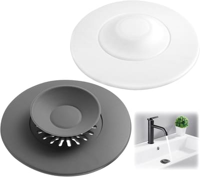 2 Stuks Universele Afvoerstoppen van Siliconen, 11,5 cm Wastafelpluggen van Siliconen, Antislip Afvoerzeef met Pers- en Haarzeef Functie, voor Wastafels, Gootstenen en Badkuipen (Grijs en Wit)