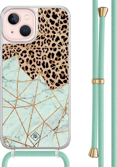Casimoda® hoesje met mintgroen koord - Geschikt voor iPhone 13 - Luipaard Marmer Mint - Afneembaar koord - TPU/acryl - Mint