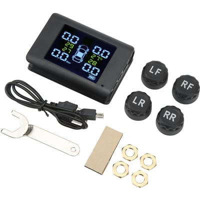 Système de surveillance de la pression des pneus sans fil avec 4 capteurs externes Écran LCD Alarme sonore forte TPMS pour Voiture Camion Camping-car black