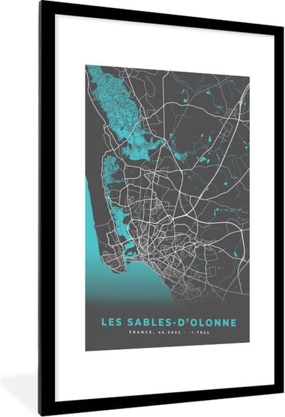 Fotolijst incl. Poster - Frankrijk - Plattegrond - Stadskaart - Les Sables-d'Olonne - Kaart - 60x90 cm - Posterlijst
