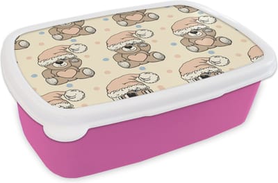 Broodtrommel Roze - Lunchbox - Brooddoos - Knuffelbeer - Slaapmuts - Kinderen - Pastel - 18x12x6 cm - Kinderen - Meisje