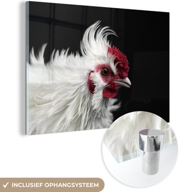MuchoWow® Glasschilderij 150x100 cm - Schilderij acrylglas - Kip - Vogel - Zwart - Foto op glas - Schilderijen