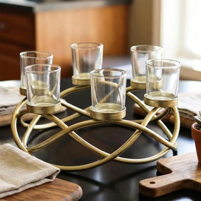 Ronde Kandelaar - Tafel Centerpiece - Feestelijke Decoratie - 6 Kaarshouders - 33 cm Diameter - Goud Helder