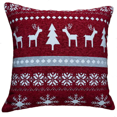 Kussenhoes - Chenille stof - Rood met herten - Bomen - sterren - 45 x 45 cm