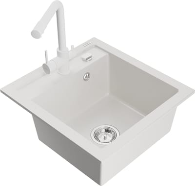Mexen Vito granieten gootsteen 1-komoer met keukenmengkraan Duero, wit - 6503-20-671600-20