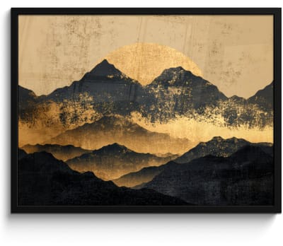 Poster in lijst - Fotolijst 80x60 cm - Posters - Gouden Bergen bij Maanlicht - Posterlijst zwart - Decoratie - Wanddecoratie woonkamer - Muurdecoratie slaapkamer