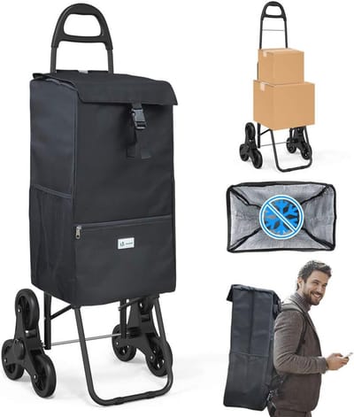 Inklapbare Boodschappentrolley met Koeltas en 6 Wielen voor Trappen - 40 L, Zwart