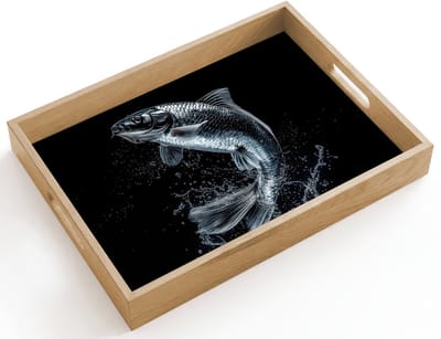 Dienblad hout 40x30 cm - Schootdienblad - Vis - Koi - Zwart - Water - Borrelplank rechthoek - Plateau dienbladen