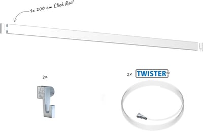 Artiteq Click Rail Schilderij Ophangsysteem 2 meter - Complete Set - Inclusief haken, draden en bevestigingsmaterialen - Wit primer RAL 9016 - 4 kg/m- Ophangsystemen en rails voor schilderijen, posters en foto's - Ophangen zonder boren