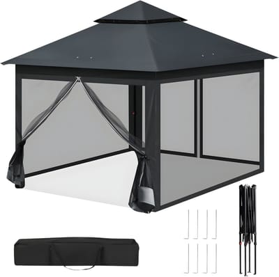 Opvouwbaar tuinhuisje – Voor buitengebruik in tuin of terras – Met klamboe, in hoogte verstelbaar, UV-bescherming, inclusief draagtas – 300x300x276 cm, anthracite