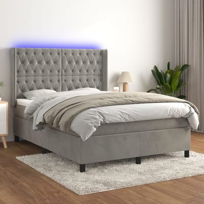 vidaXL - Boxspring - met - matras - en - LED - fluweel - lichtgrijs - 140x190 - cm