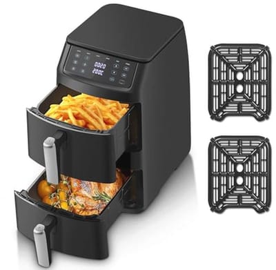 Hot Air Fryer 11 Liter - Ruimtebesparend, 2 Kamers, 6 Functies & 8 Recepten - Energiezuinig en Vaatwasserbestendig