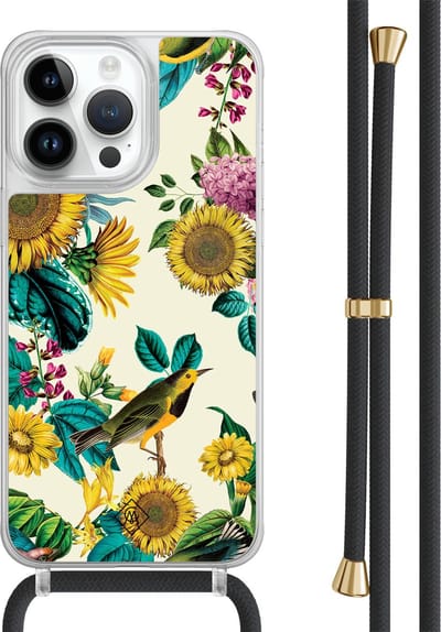 Casimoda® hoesje met zwart koord - Geschikt voor iPhone 13 Pro Max - Zonnebloemen / Bloemen - Afneembaar koord - TPU/polycarbonaat - Geel