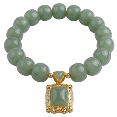 Olijfgroen goudkleurige kralen armband voor dames met vierkante hanger – elastische armband met siersteen detail