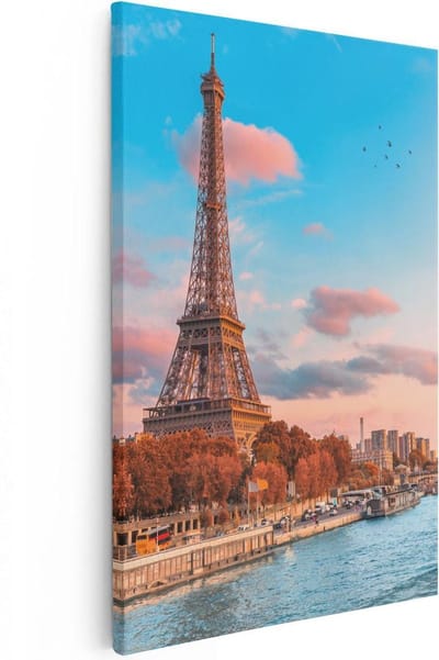Artaza Canvas Schilderij Parijs - 20x30 cm - Klein - Wanddecoratie Eiffeltoren - Muurdecoratie Boot - Kamer Accessoires Frankrijk