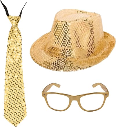 Gouden verkleed set - glitter hoedje - stropdas en feestbril - volwassenen