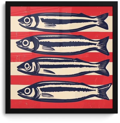 Poster in lijst - Fotolijst 40x40 cm - Posters - Sardines - Rood en beige strepen - Posterlijst zwart - Decoratie - Wanddecoratie woonkamer - Muurdecoratie slaapkamer