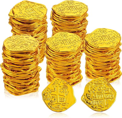 Allecto - 100 Plastic Pirate Coins - Replica Dobloni - Perfect voor Pirate Party - Goudkleurig - Decoratie voor Verjaardagen - Geschikt voor Halloween