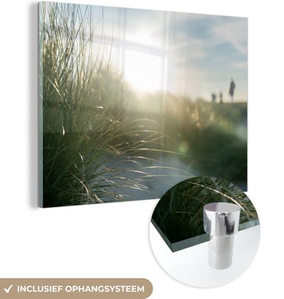 MuchoWow® Glasschilderij 160x120 cm - Schilderij acrylglas - Strand - Duin - Zon - Foto op glas - Muurdecoratie woonkamer - Wanddecoratie slaapkamer - Schilderijen