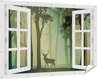 Gards Tuinposter Doorkijk Hert in het Bos - Silhouet - 180x120 cm - Tuindoek - Tuindecoratie - Wanddecoratie buiten - Tuinschilderij