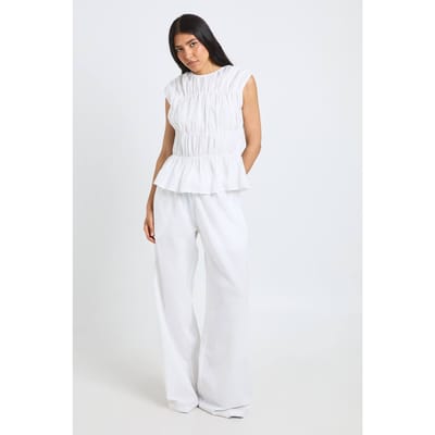 boohoo Dames Lange Linnen-look Top Met Shirring En Wijde Broek Co-ord | White | Maat: 12