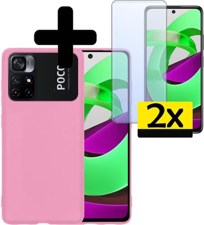 Hoesje - Met 2x Screenprotector - Geschikt voor Xiaomi Poco M4 Pro 5G - Sterk & Shockproof - Back Cover - Siliconen Case - Telefoon Hoes - Telefoonhoesjes - Lichtroze