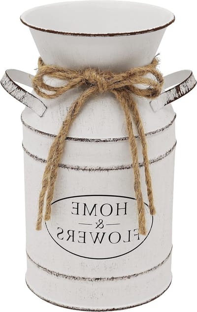 Vintage metalen bloemenvaas in shabby chic stijl, decoratieve emmer voor bloemen, rustieke boerderijdecoratie met handvat en gegalvaniseerde afwerking