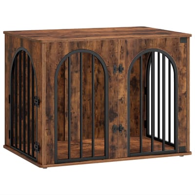 Hondenbench Meubel – Voor Binnen – 80 cm Hondenbox met 3 Deuren en Boogdeur, Te Gebruiken als Bijzettafel – Vintage Bruin
