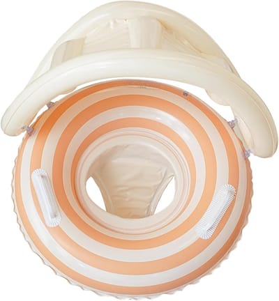 Baby Zwemstoel Oranje-Wit Gestreept met Afneembare Zonnekap en Handgrepen 70cm – Anti-Kantel Veilige Zwemband voor Peuters 1 tot 5 Jaar
